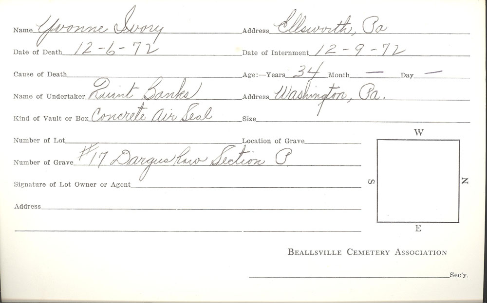 Yvoone Ivery burial card